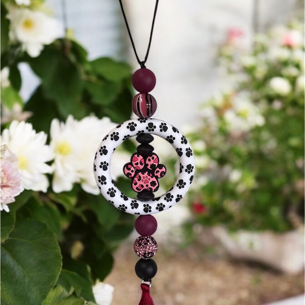Handmade Black and Pink Paw Print Pendant Car Charm